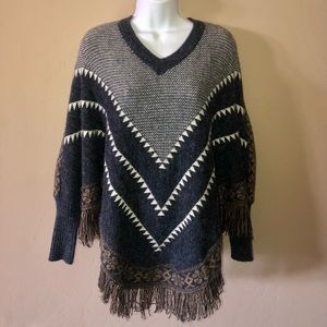 Boho Wishlist Southwest Design Fringe Poncho Sweater with Sleeves Size M/L